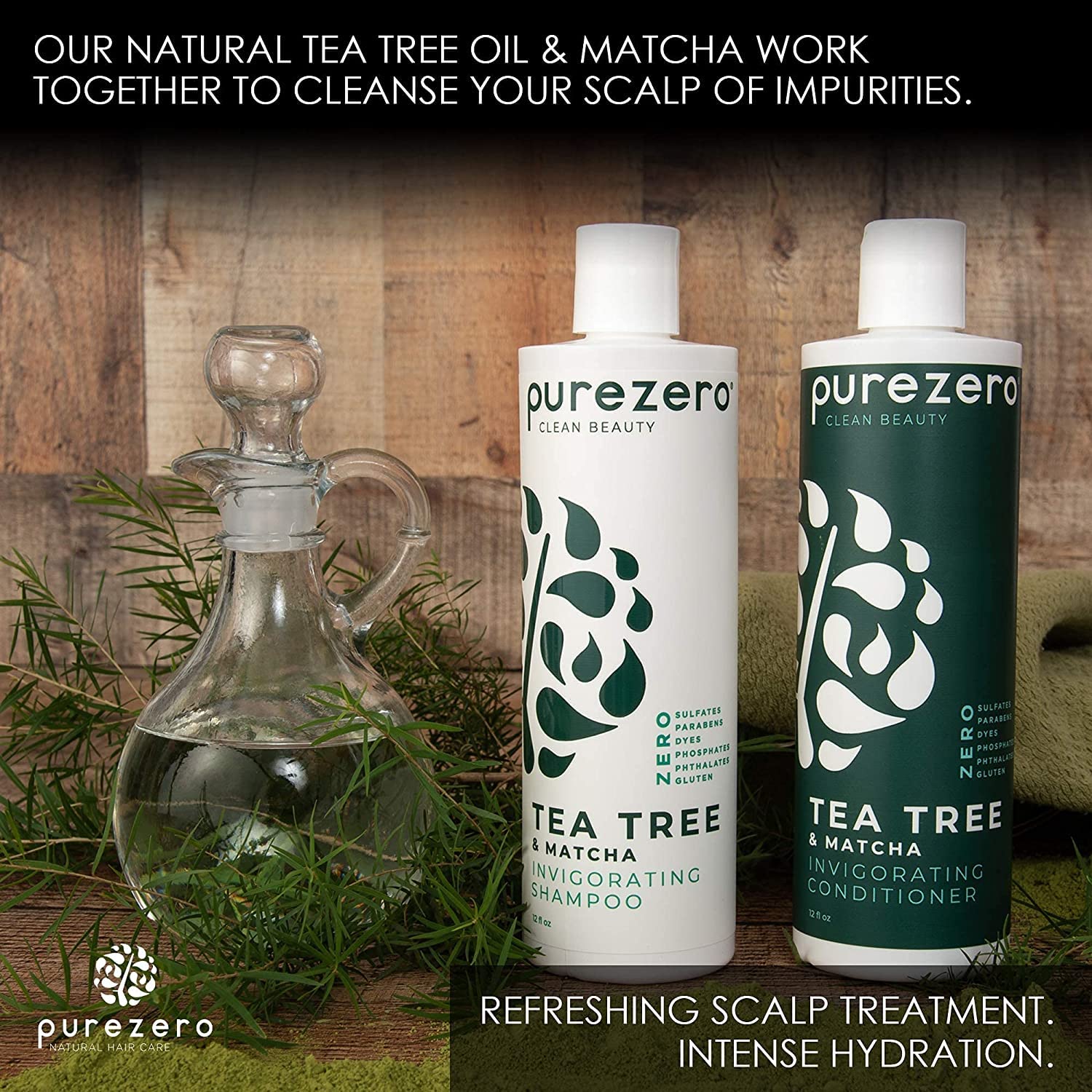Purezero 20 oz Tea Tree & Matcha Shampoo and Conditioner Set - Nourishing & Invigorating Scalp Treatment - Zero Sulfates, Parabens, Dyes Vegan and Cruelty Free